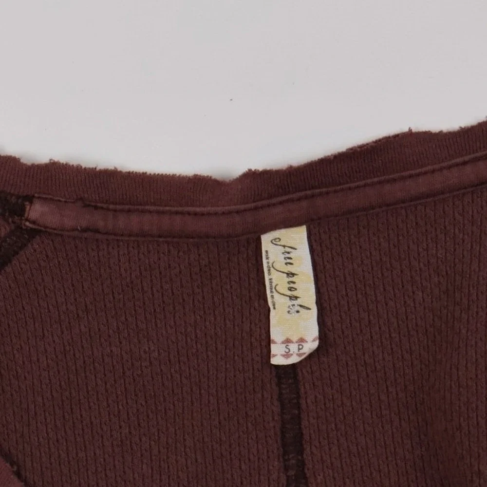 Free People Thermal Top Embroidered Cuff Brown Waffle Knit S Small